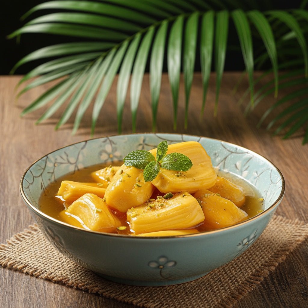 Jackfruit in Sirup serviert in einer Schale mit Minze, tropisches jamaikanisches Dessert von IslandtoDoor Schweiz