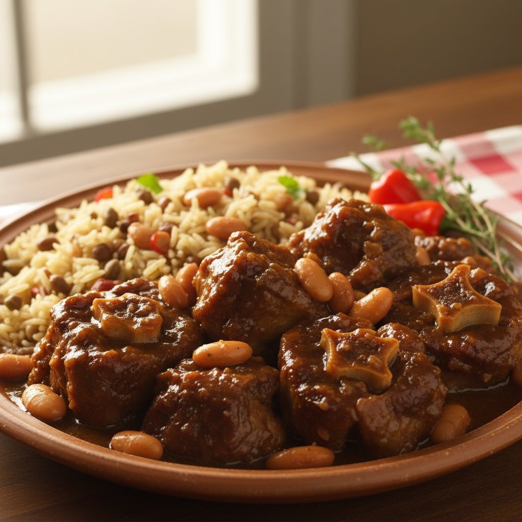 Jamaican Oxtail - geschmorter Ochsenschwanz mit Rice and Peas, authentisches jamaikanisches Gericht bei IslandtoDoor