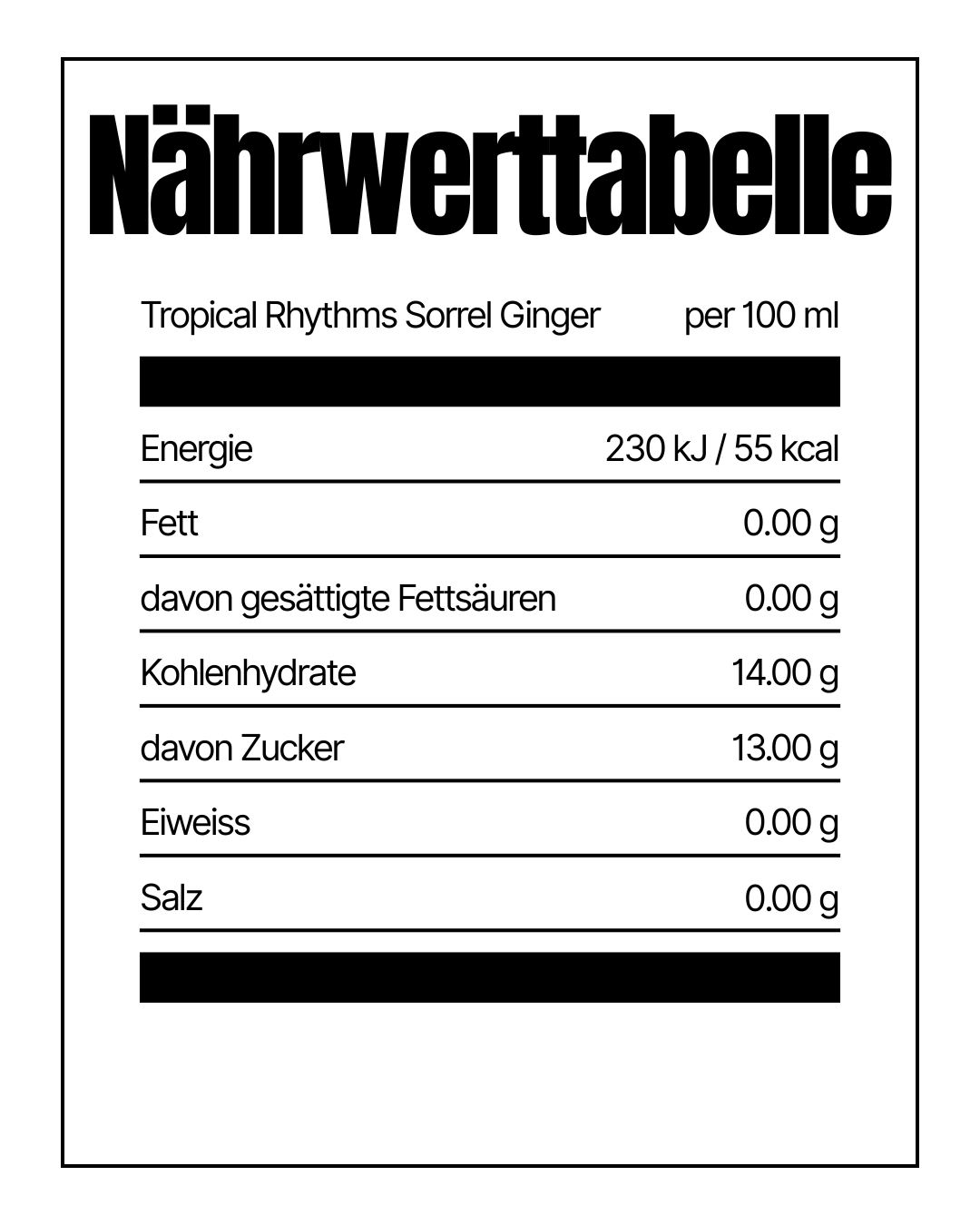 Naehrwerttabelle Tropical Rhythms Sorrel Ginger von IslandtoDoor Schweiz