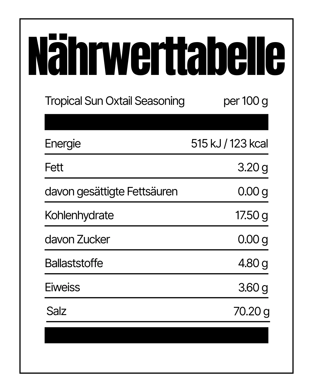 Naehrwerttabellen Tropical Sun Oxtail Seasoning von IslandtoDoor Schweiz