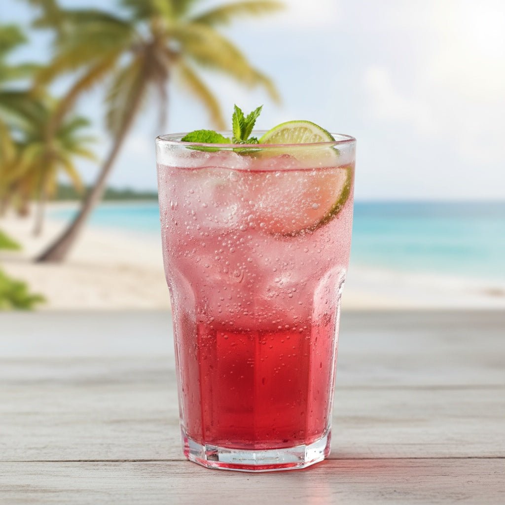 Solo Kola Champagne 355ml serviert in Glas mit Eiswürfeln - erfrischende karibische Limonade von IslandtoDoor Schweiz