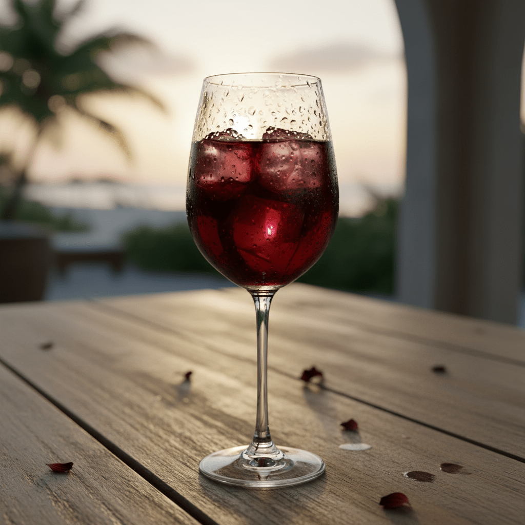 Magnum Tonic Wine im Weinglas mit Eiswürfeln - dunkelroter jamaikanischer Stärkungswein servierfertig von IslandtoDoor