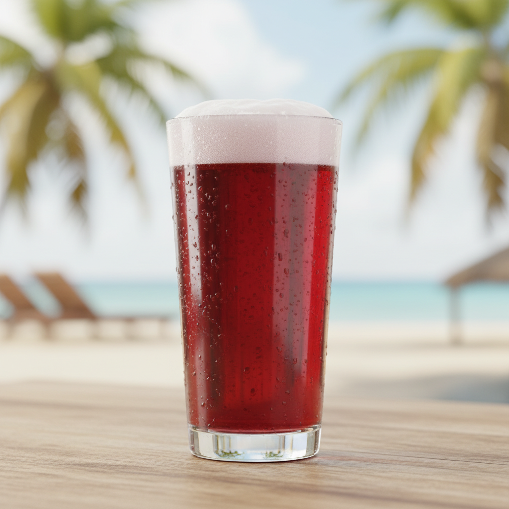 Red Stripe Sorrel Beer im Glas - dunkelrotes Hibiskus-Bier mit Schaumkrone, jamaikanisches Sorrel-Bier serviert von IslandtoDoor