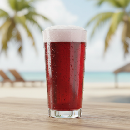 Red Stripe Sorrel Beer im Glas - dunkelrotes Hibiskus-Bier mit Schaumkrone, jamaikanisches Sorrel-Bier serviert von IslandtoDoor
